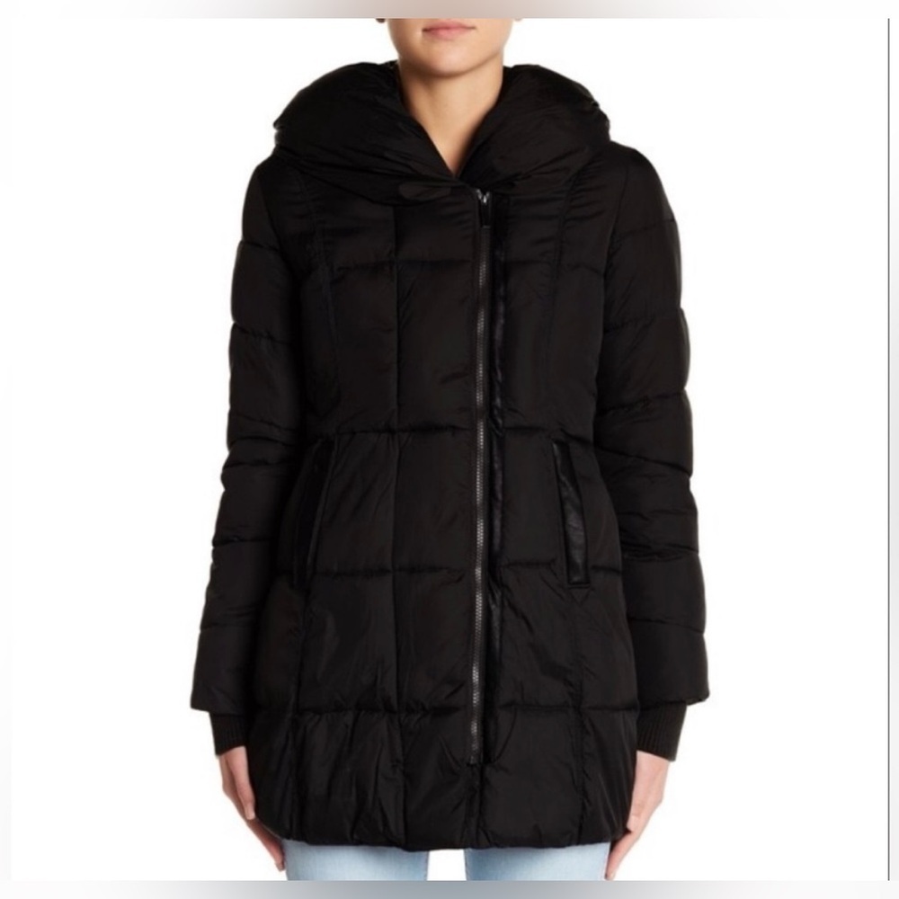 French Connection Black Mid length Women's Puffer Coat with Hood